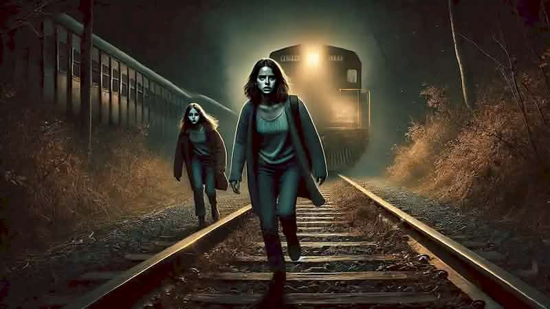 Emma and the girl walk along dark railway tracks under the night sky, glancing behind them in fear.