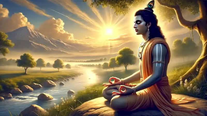 Arjuna meditates peacefully by a river, reflecting on the teachings of Krishna, with mountains and a calm atmosphere around him.