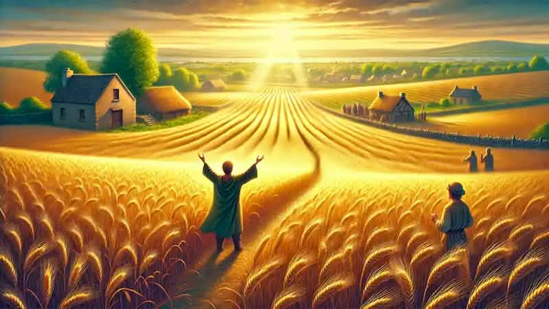 Eamon’s once-barren fields now lush with golden wheat, as his family celebrates the miraculous harvest in the distance.