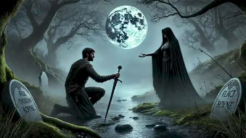 Cathal kneeling before the Morrigan in her crone form by the river, holding a black obsidian dagger.