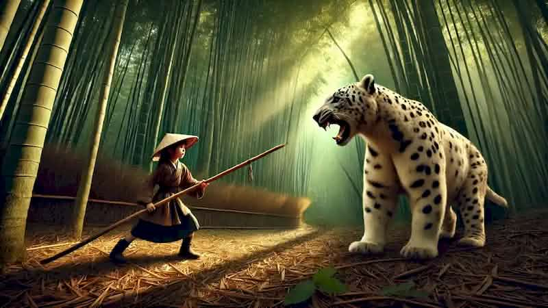 Shepherdess confronting a leopard alongside a protective white bear in a bamboo forest