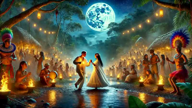 A riverside festival at night with villagers dancing, lit by lanterns, and a mysterious man in white dancing with Maria