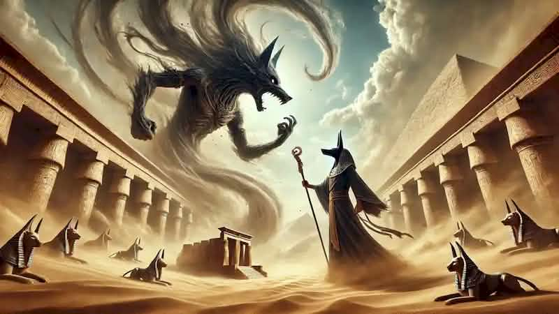 Anubis and Set clash amidst a storm in the ancient city of Tjebu, representing order versus chaos.