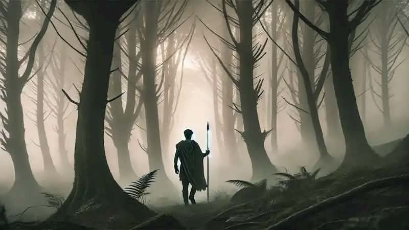 Finn MacCool walking into a misty forest at dawn, holding a spear, his figure blending with the fog and ancient trees.