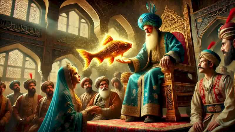 Ali presenting the golden fish to the Sultan in a grand court with intricate Persian architecture and amazed courtiers.