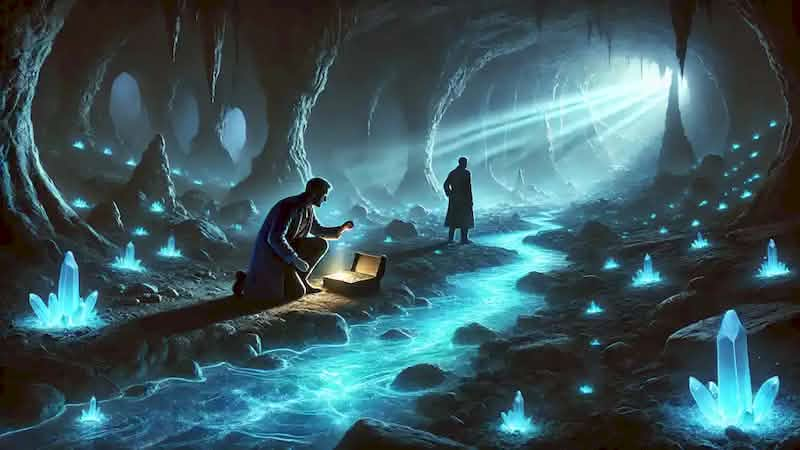  A glowing blue underground river in a vast chamber with strange rock formations and explorers nearby.