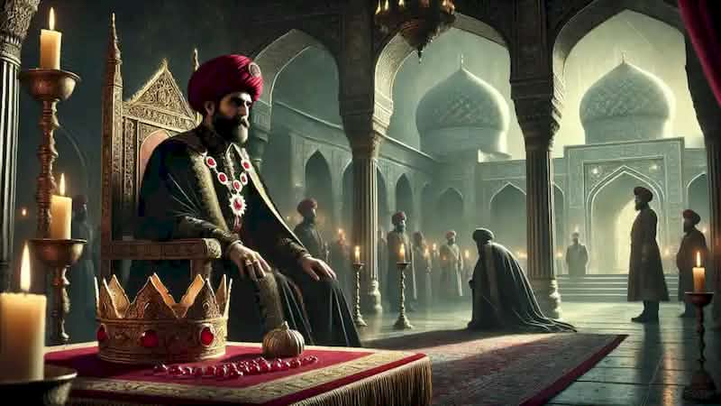  Nasir al-Din Shah stands at the shrine of Shah Abdol-Azim moments before his assassination, with the Ruby Crown beside him.