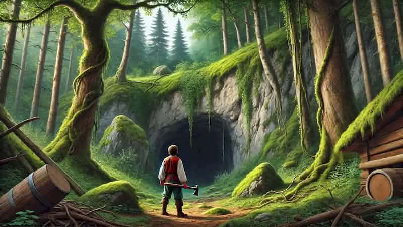 Cemşab stands in awe at the entrance of a hidden cave in a dense forest, holding an axe in one hand.