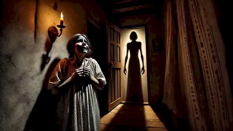 Maria stands trembling in her dimly lit home, clutching a rosary, with El Silbón's shadow on the wall.