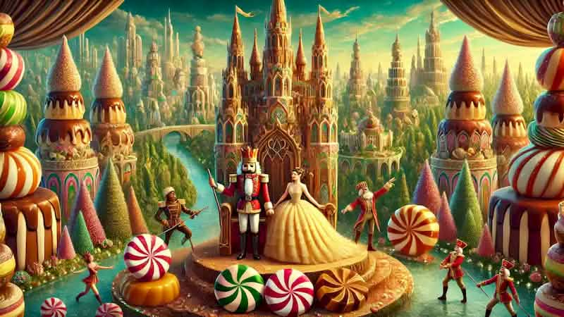 Marie and the Nutcracker Prince in the Kingdom of Sweets, surrounded by candy landscapes and performers celebrating