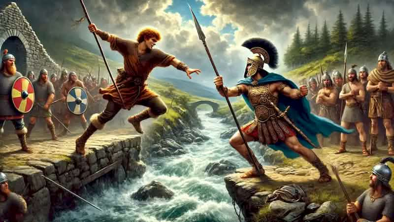 Cú Chulainn in single combat at a narrow ford, wielding the Gáe Bulg against a Connacht warrior in a lush Irish landscape.