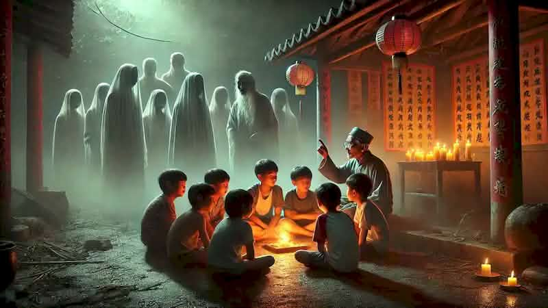 An elder tells ghost stories to children under a misty night sky, with shadowy figures near a burning altar in the background.