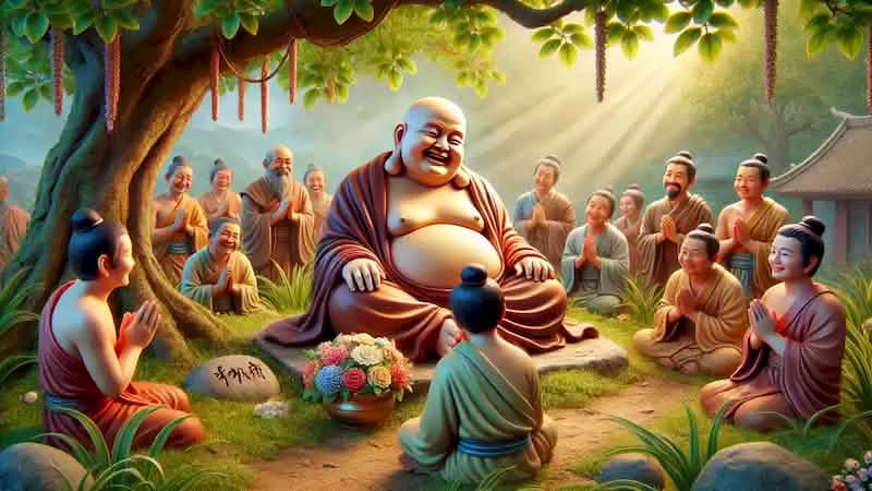 Villagers gathered peacefully around the Laughing Buddha’s resting place under a tree, paying their respects.