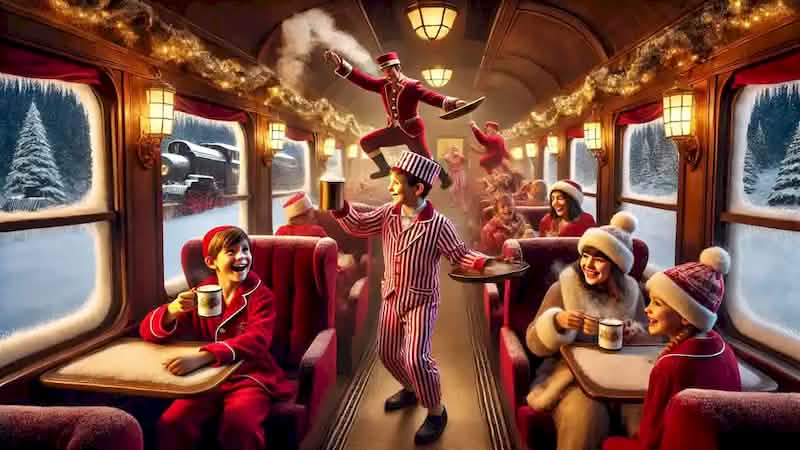 Children enjoy hot chocolate on the Polar Express as waiters perform a lively, festive routine in a luxurious train car.