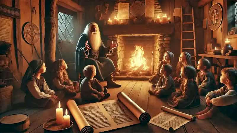 An elder storyteller sits by the fire, surrounded by attentive children, with ancient scrolls and books scattered around.