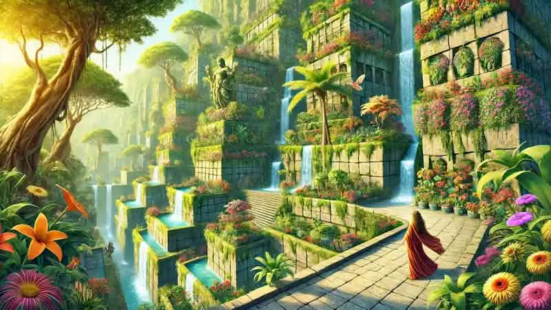 Queen Amytis walking through the lush, completed Hanging Gardens, surrounded by exotic trees and flowing water.