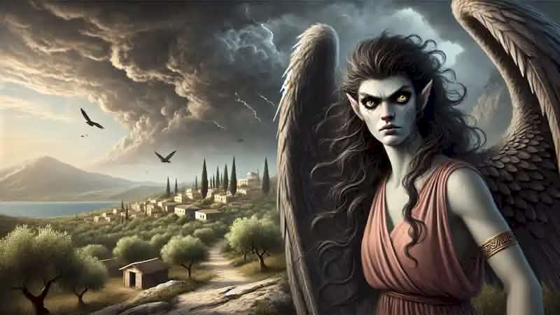 Celaeno, the harpy, stands on a cliff overlooking a peaceful Greek village with dark storm clouds behind her.