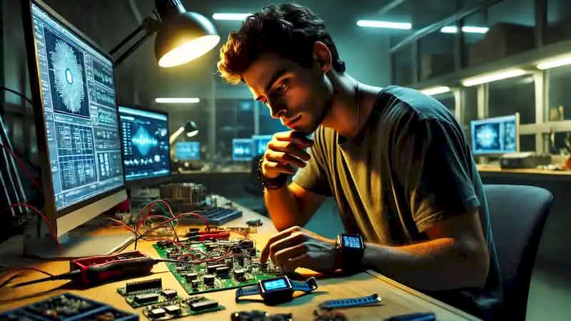 Alex working late at night in a cluttered lab, surrounded by electronics, tweaking his Memo device with intense focus.