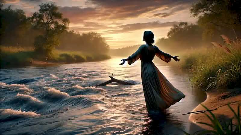 A woman stands by a calm river at sunset, with arms raised slightly, surrendering to the peaceful flow of life.