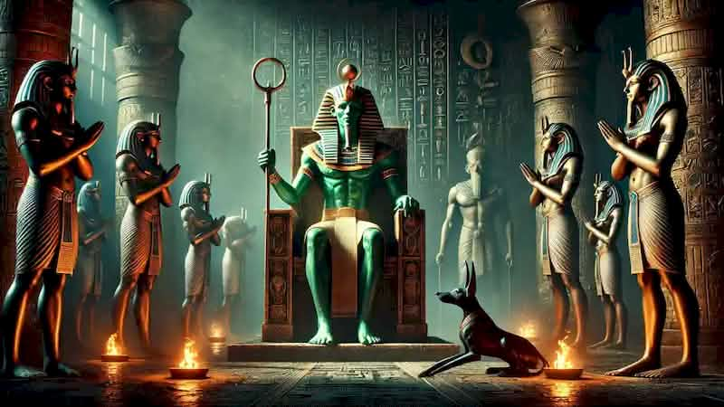 Osiris seated on his throne in the underworld, flanked by Anubis and Thoth, preparing to weigh a soul's heart.