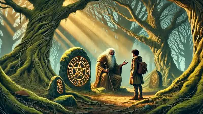 Eamon listens to a wise hermit in a forest clearing, who points to a glowing rune-carved stone as sunlight filters through the trees.