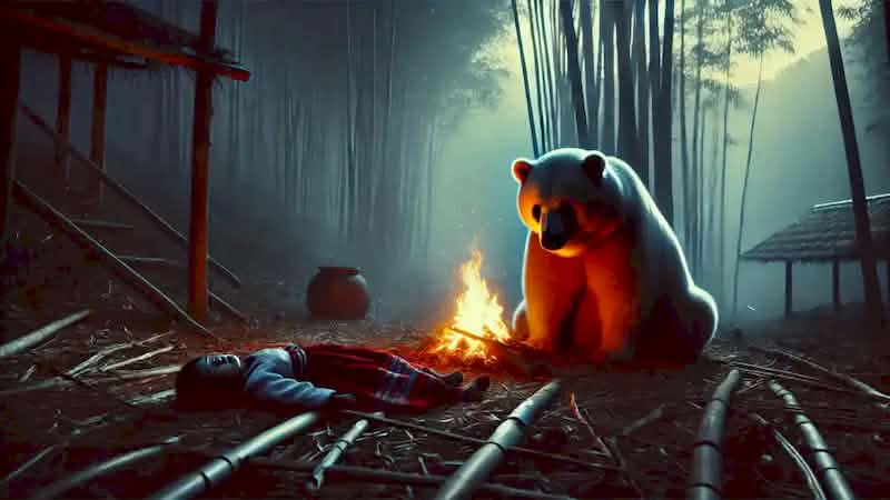 White bear mourning beside glowing embers in a bamboo forest at dusk.