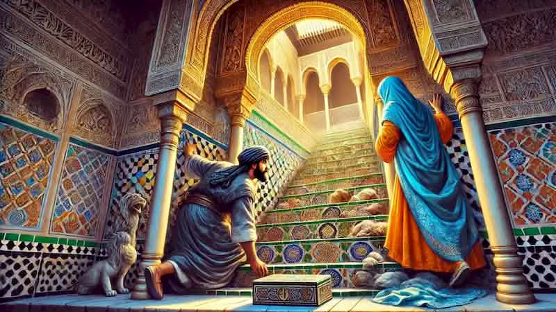 Aisha and Tariq uncovering a hidden staircase descending into darkness in the Court of the Lions.