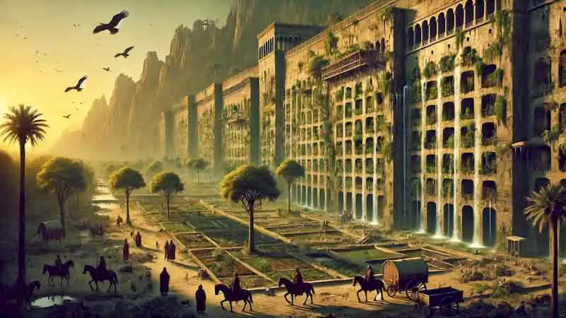 The decaying Hanging Gardens after the fall of Babylon, with drying plants and broken irrigation systems under a setting sun.