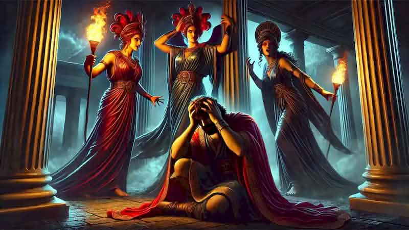 The Furies confront a terrified king in his palace, conjuring visions of his wrongdoings.