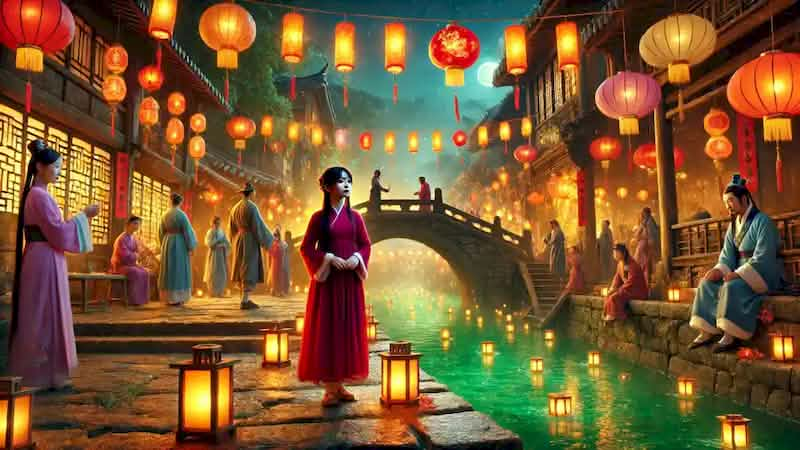 Lantern Festival in Qinghe village with glowing lanterns on the river, villagers, and Meilin in a crimson dress.