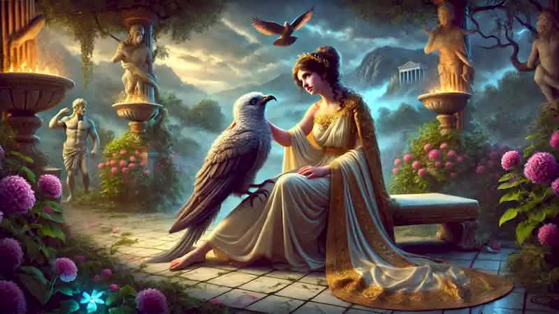 Zeus, as a cuckoo bird, sits on Hera’s lap in a divine garden with glowing flowers and a misty Olympus backdrop.