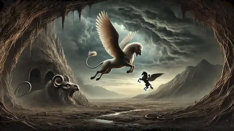 Bellerophon on Pegasus soaring over the scorched lands of Lycia, approaching the Chimera near its dark cave.