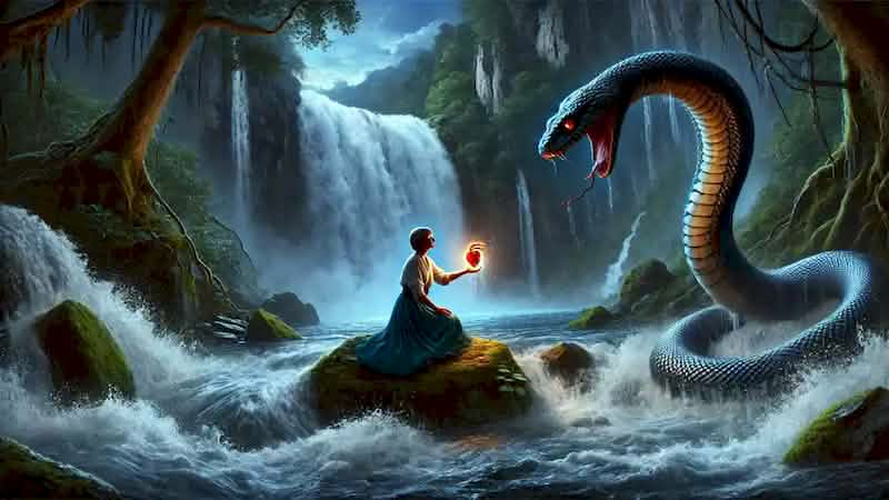 Anna retrieves a glowing stone from a roaring waterfall while a massive serpent coils nearby.