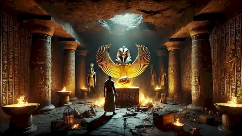 Amenu inside the treasure-filled tomb of Pharaoh Neferkare, standing before the glowing scarab on a pedestal.