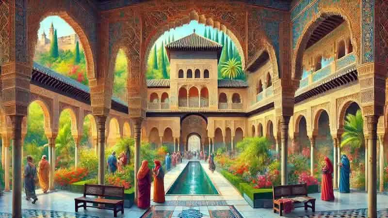 The Alhambra transformed into a museum dedicated to Moorish heritage, with scholars and visitors exploring.