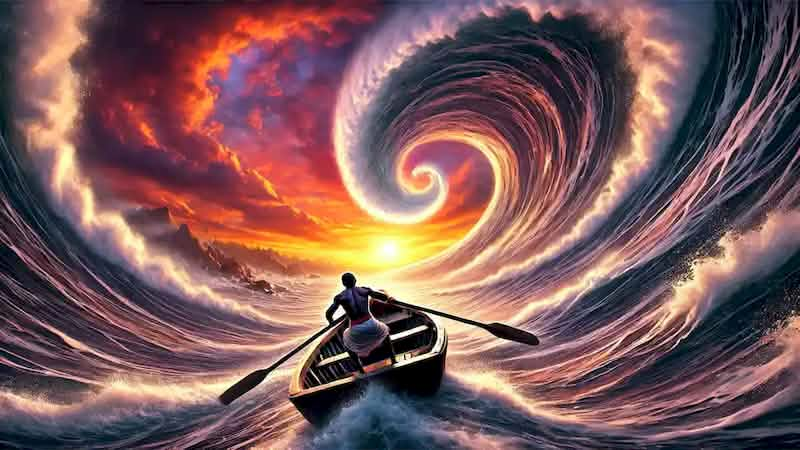 Ndongo rows toward a massive ocean whirlpool at sunset, his boat drawn toward the swirling water.