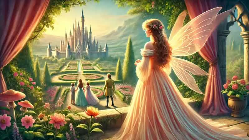 Gentle fairy overlooking the castle from a garden, with Aurora, Philip, and their children in the background.