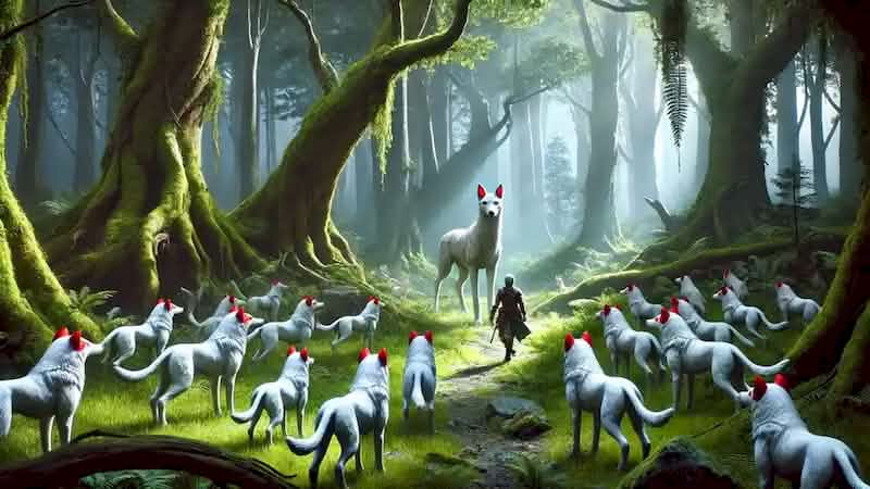 Pwyll encounters the otherworldly hounds in the forest, white fur and red-tipped ears hounds surrounding a stag.