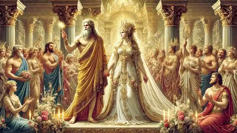 Zeus and Hera are wed amidst a celebration with other gods, surrounded by flowers and the golden palace of Olympus.