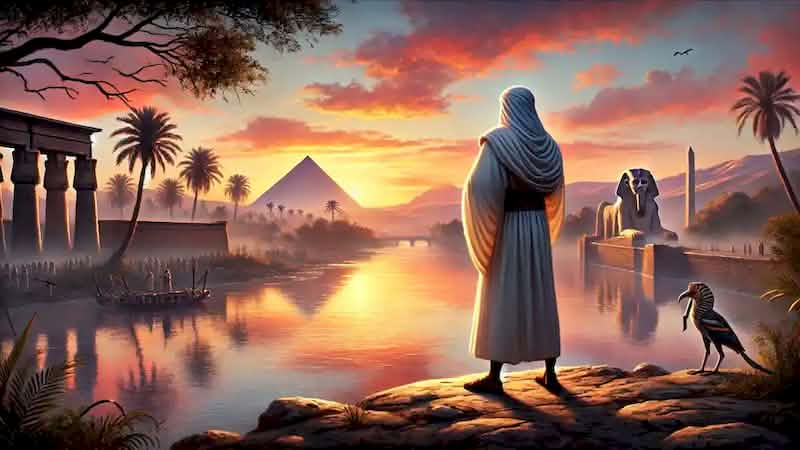 Amenu stands by the Nile River at sunset, reflecting on his journey with pyramids and palm trees in the distance.