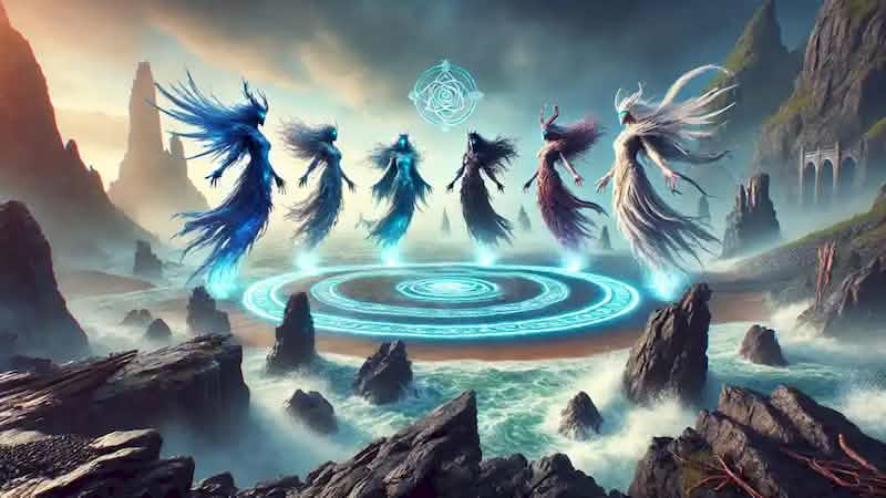 Six ethereal hags stand on a rugged beach in a crescent formation, surrounded by cliffs, waves, and mystical fog.