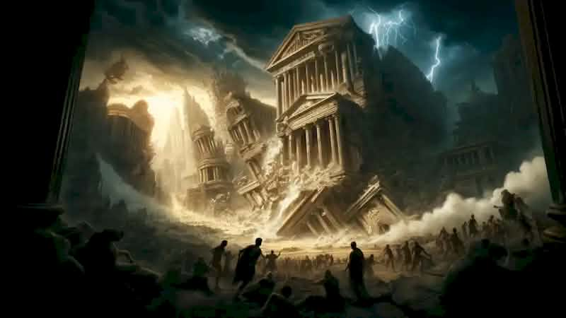 Atlantis crumbles during a devastating earthquake, with citizens fleeing and buildings collapsing.