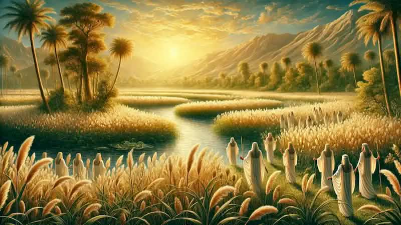 Souls of the righteous enjoy eternal peace in the lush, tranquil landscape of the Field of Reeds, symbolizing paradise.