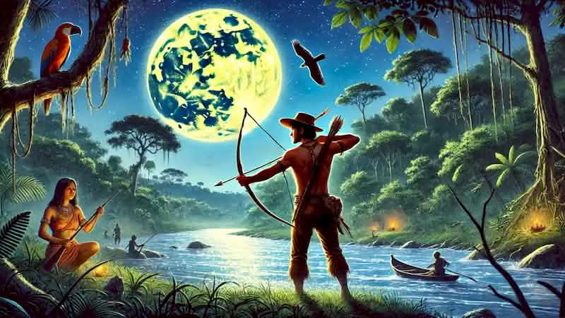 Thiago, an adventurous hunter, approaching the moonlit river with a bow and arrow, drawn by Yara's song.