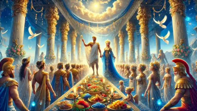 Zeus and Hera’s grand wedding feast on Mount Olympus, surrounded by gods and a table filled with divine offerings.