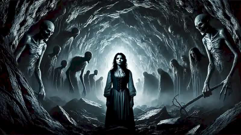 Anna stands in the ominous Cave of Whispers, surrounded by shadowy figures embodying her deepest fears.