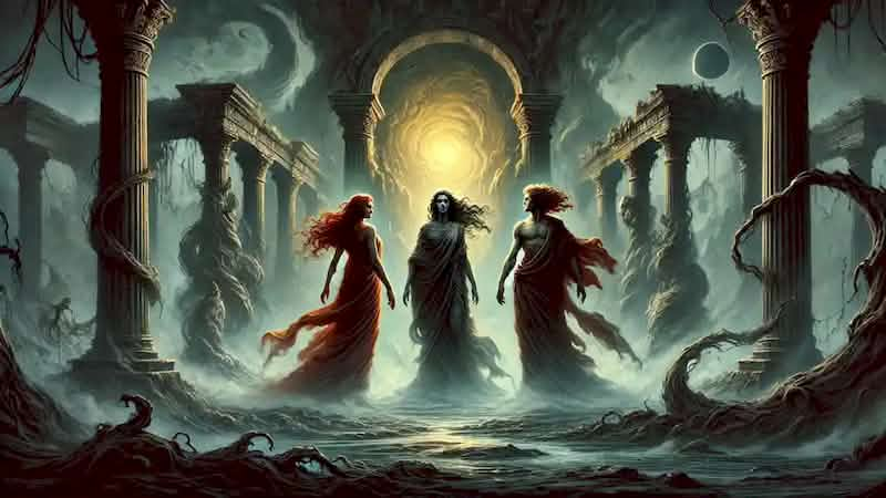 The Furies stand at the entrance to Tartarus, contemplating their encounter with the priestess.