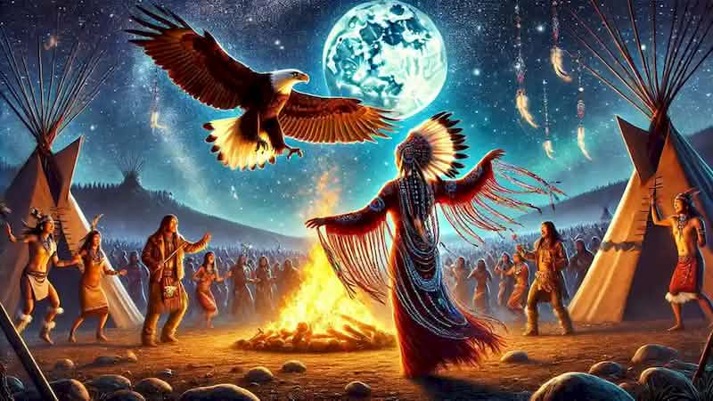 Star Feather and Eagle Claw dancing under the starlit sky at the celebration.