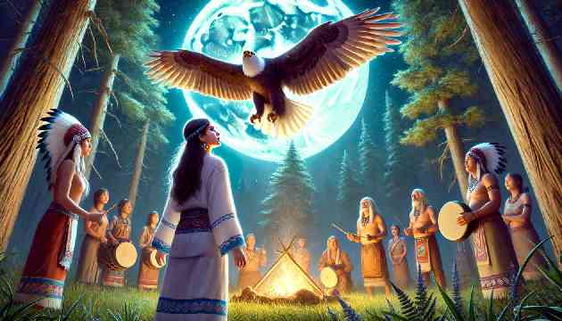 Aiyanna receiving a vision of a great eagle during the Harvest Moon ceremony.