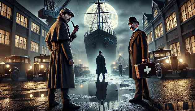 A tense standoff at the docks with Holmes and Watson confronting a man attempting to board a ship.